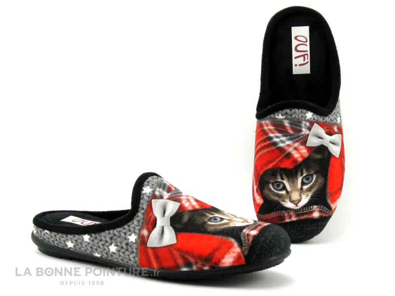Achat chaussures Ouf ! Femme Pantoufle Chausson, vente Ouf TIZIEUX Rouge - Noir - Pantoufle mule avec chat