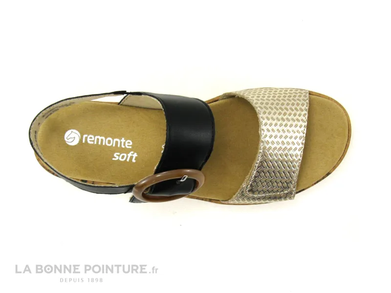 Achat chaussures Remonte Femme Sandale et Nu-pieds, vente Remonte R6853-02 Wave Fino - Beige Noir Or - Sandale Femme avec scratc
