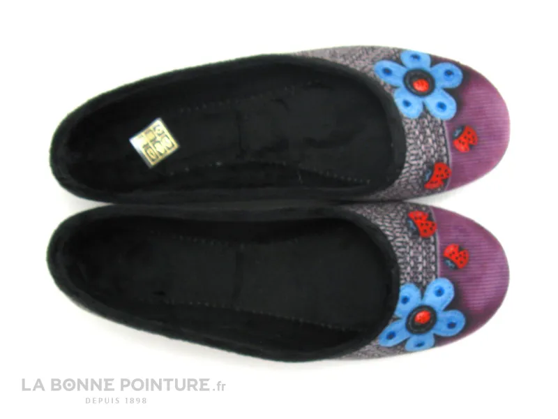 Achat chaussures RYB Femme Pantoufle Chausson, vente RYB 6002516 Noir Gris Violet - Fleur et coccinelles - Pantoufle