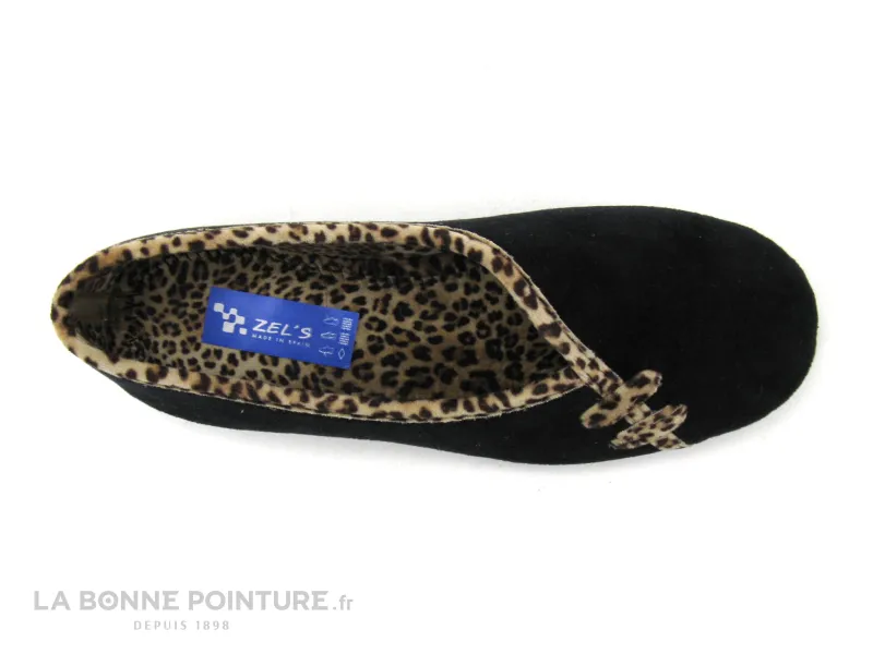 Achat chaussures ZEL'S Femme Pantoufle Chausson, vente Zels 2454 Velours noir - Pourtour leopard beige - Chausson ballerine