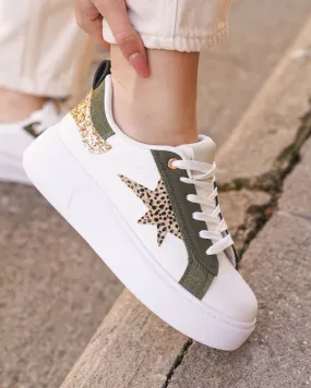 Basket femme blanche kaki et dorée à lacets étoile  - Ombeline