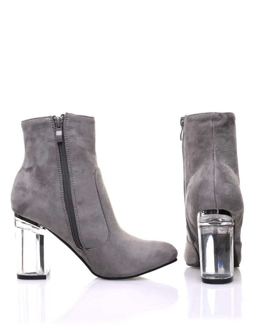 Bottines grises suédine à talons transparents 