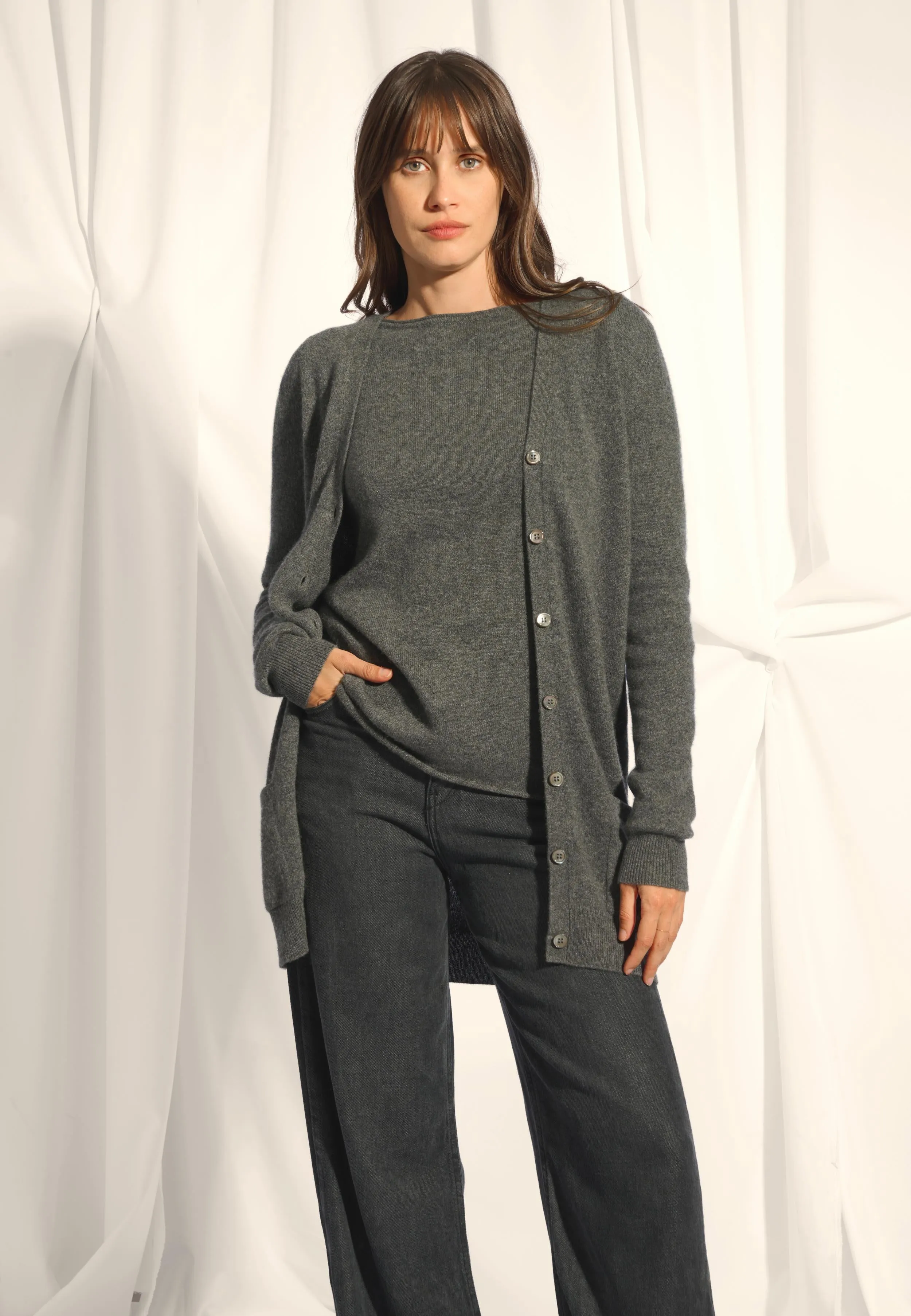CHELSEA cardigan col v anthracite chiné