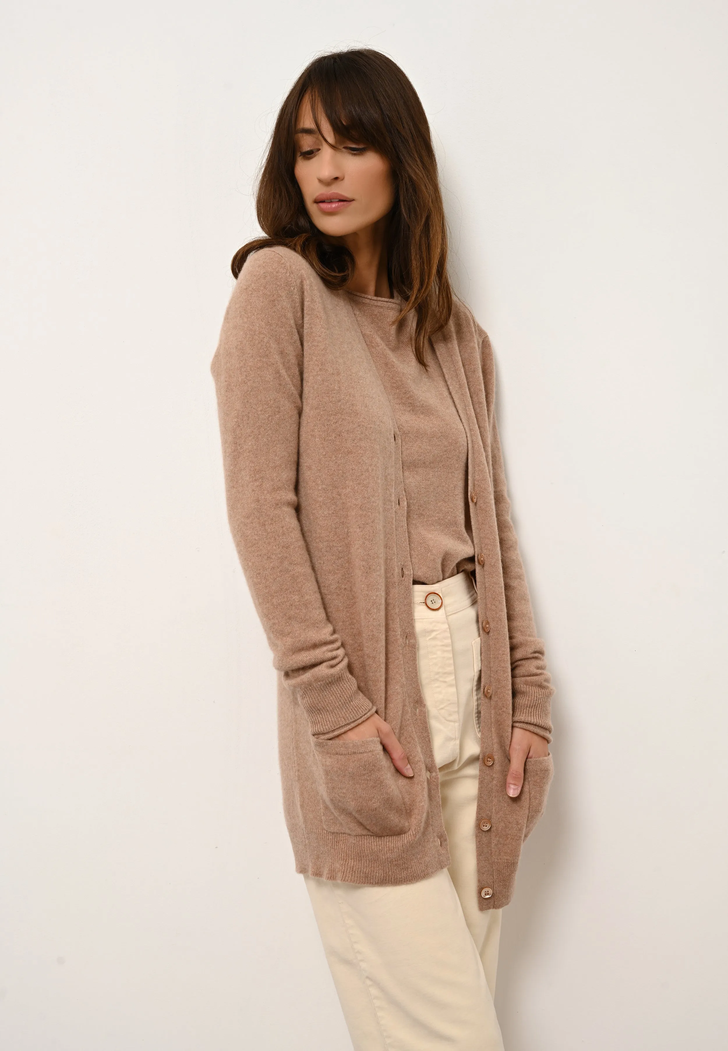 CHELSEA cardigan col v camel chiné
