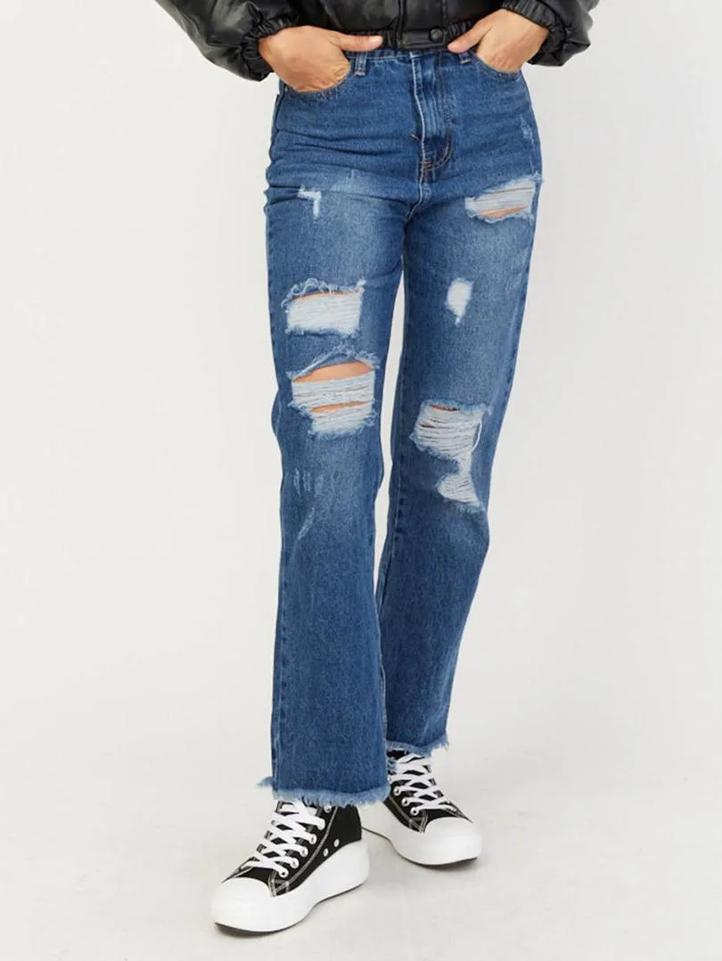 Jeans bleu destroy 5 poches evasé