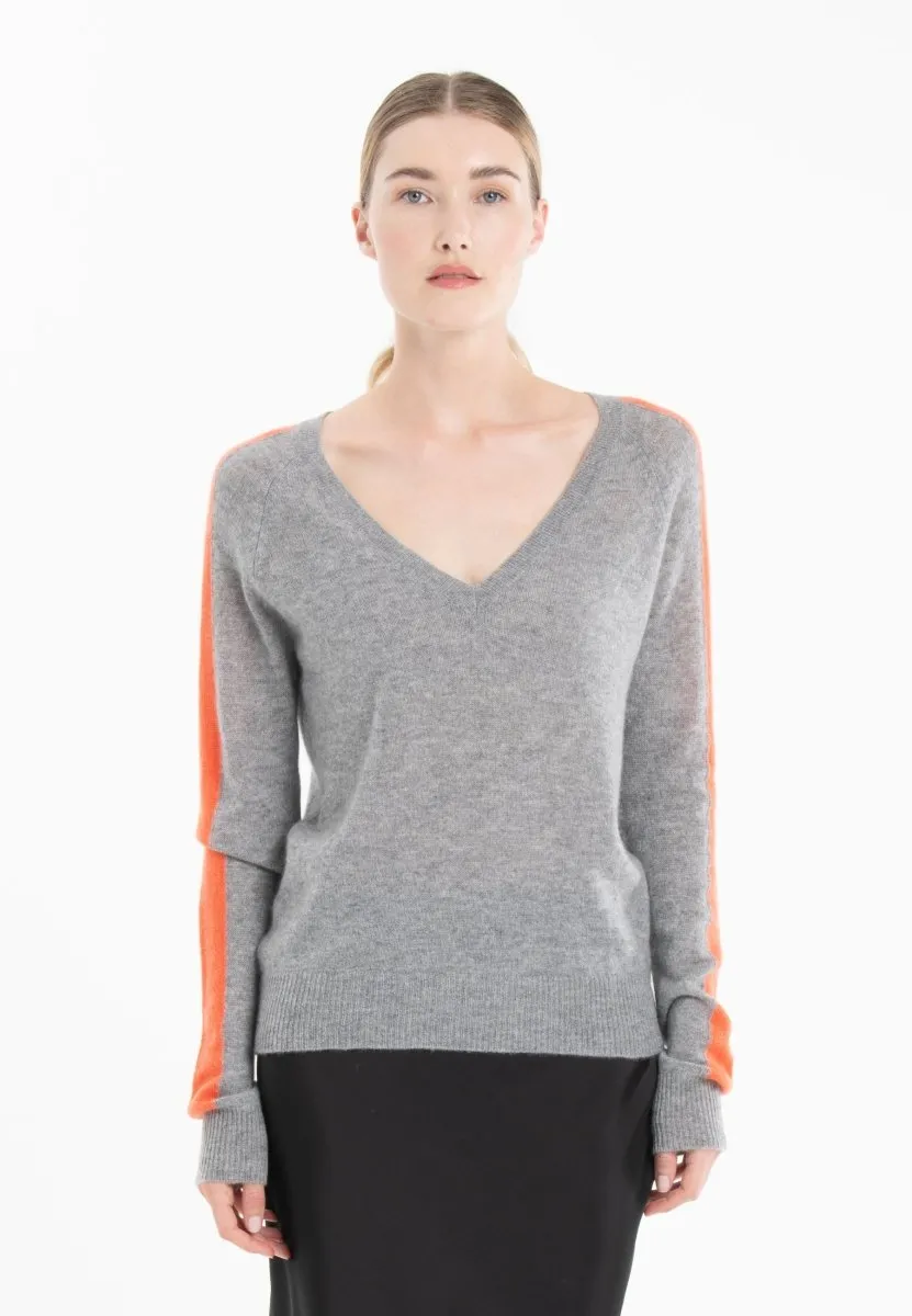 Pull col V cachemire gris clair/mandarine femme - RIA 1