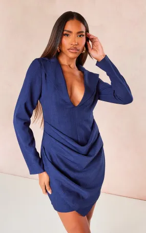Robe blazer effet lin drapé bleu foncé