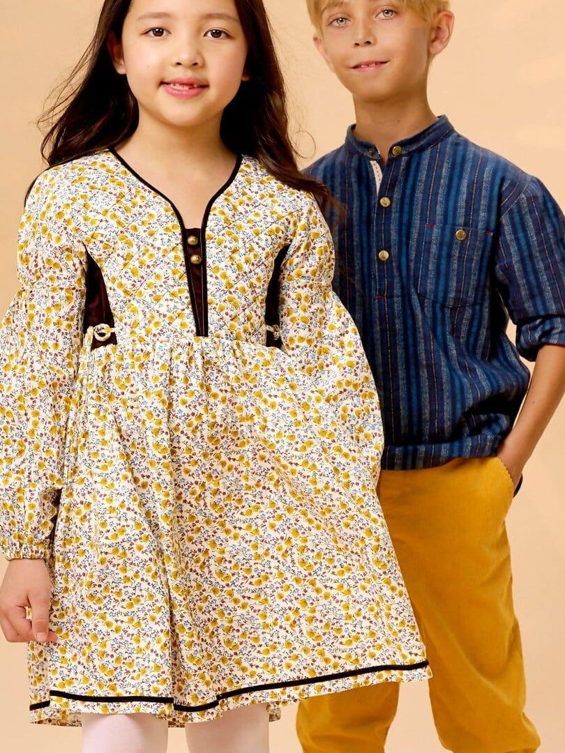 Robe Fleurie Liberty Jaune  Marron Fille  MARGOT - La Faute à Voltaire - Jaune