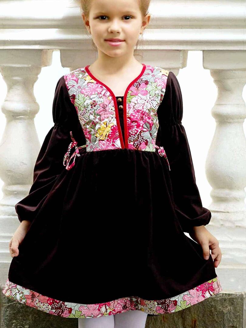 Robe Hiver Fille  Velours Marron Fleuri Liberty Rouge  MARGOT - La Faute à Voltaire - Rouge