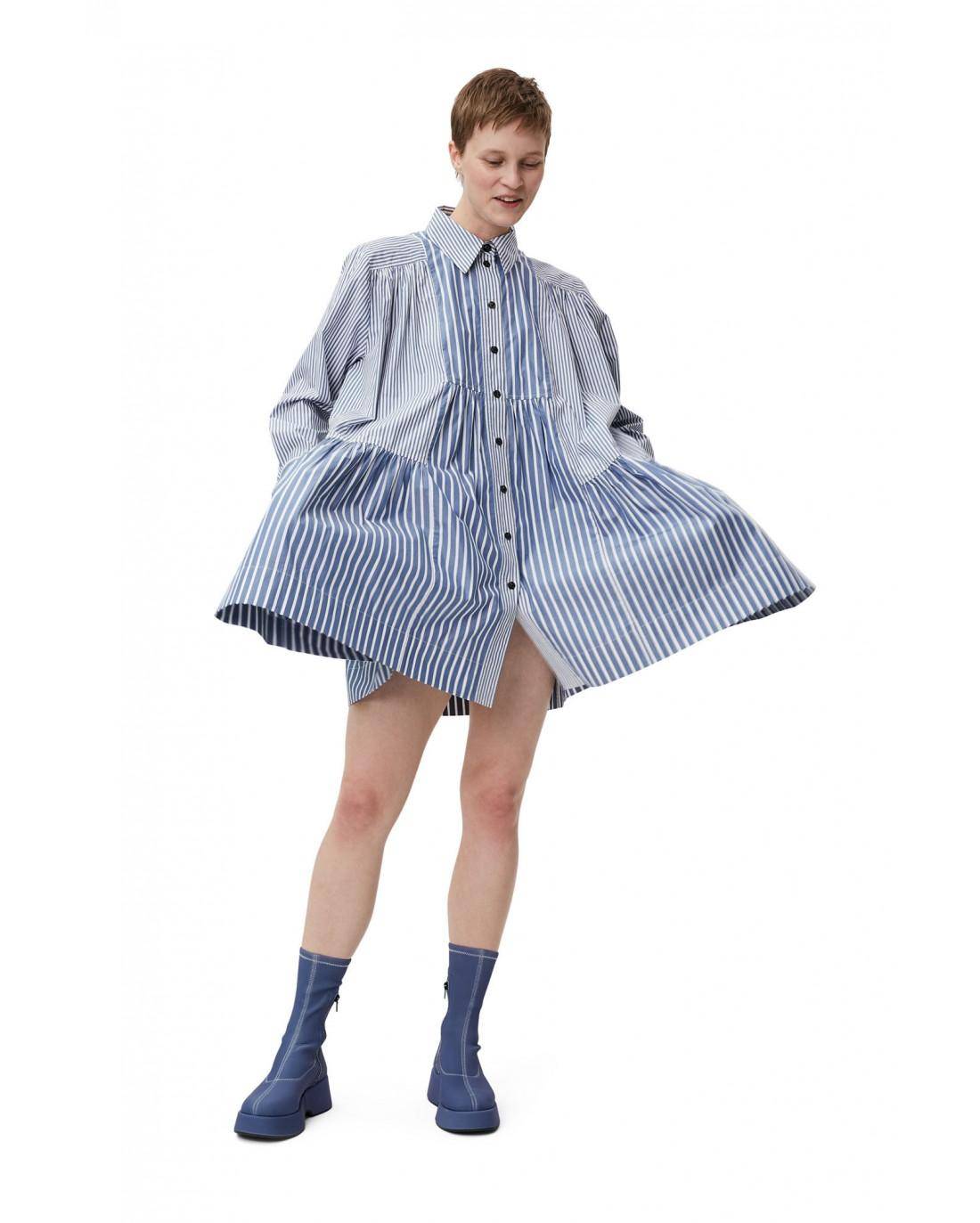 ROBE STRIPE COTTON WIDE GRAY BLUE - Ganni  | Chez Maman Rouen