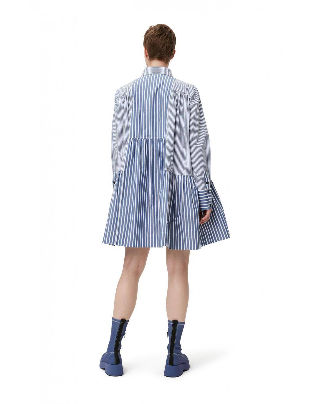 ROBE STRIPE COTTON WIDE GRAY BLUE - Ganni  | Chez Maman Rouen