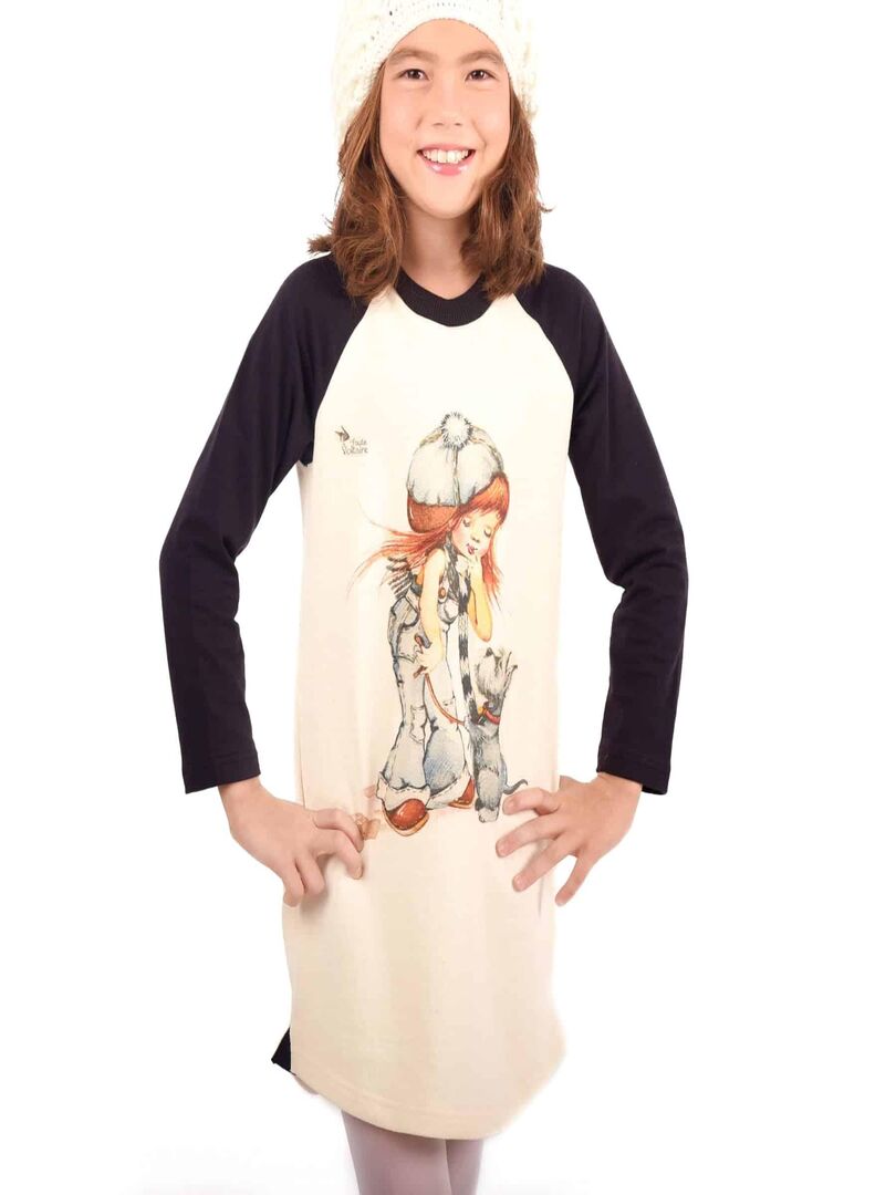 Robe Sweat Fille  Beige Noir Dessin Poulbot  BABY - La Faute à Voltaire - Noir Beige