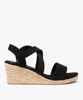 sandales femme compensees a brides elastiques et strass noir sandales a talon