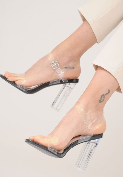 Sandales femme à talons blocs transparents et semelle noire