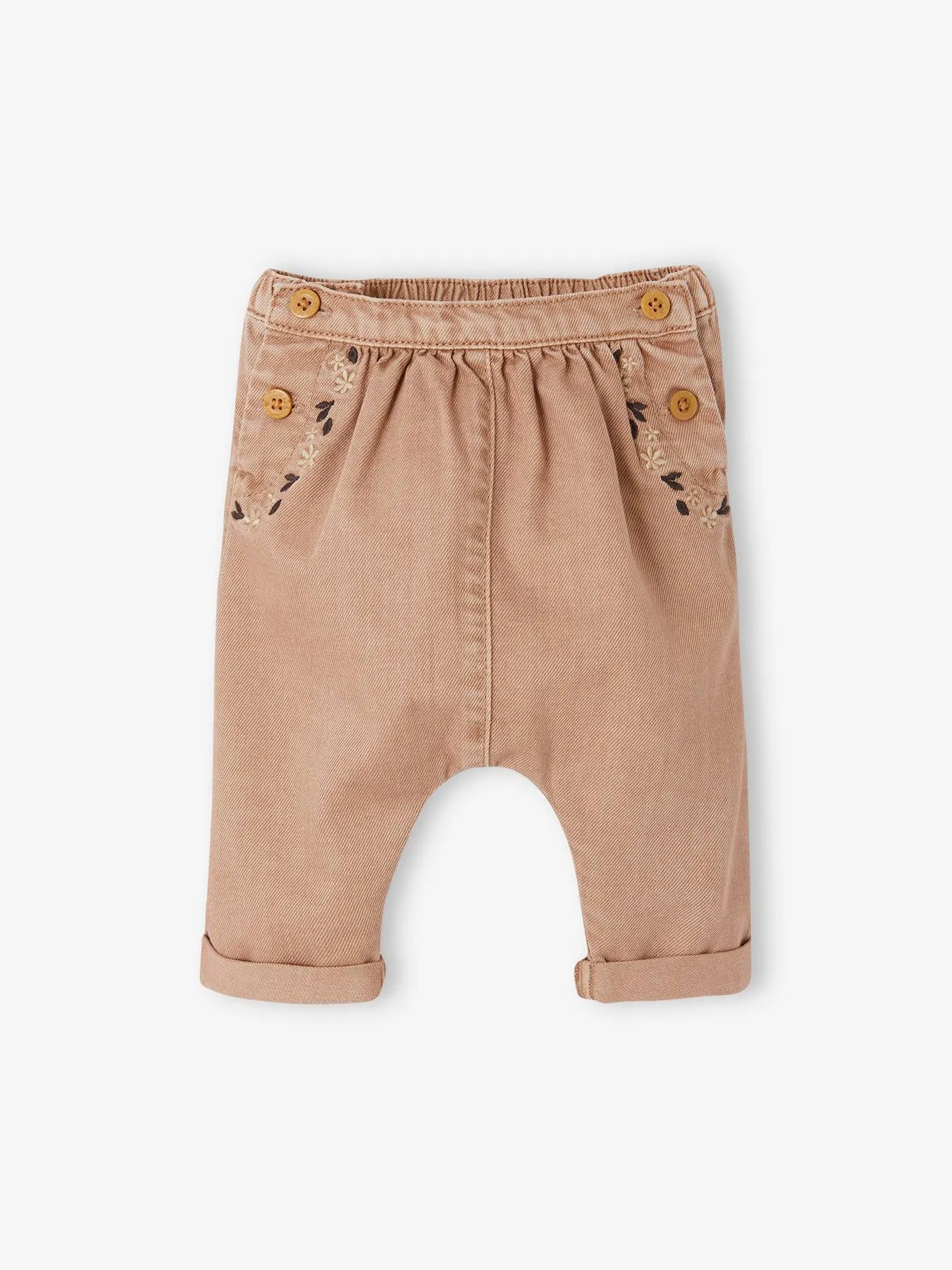 Sarouel brodé bébé en denim cappuccino - Vertbaudet