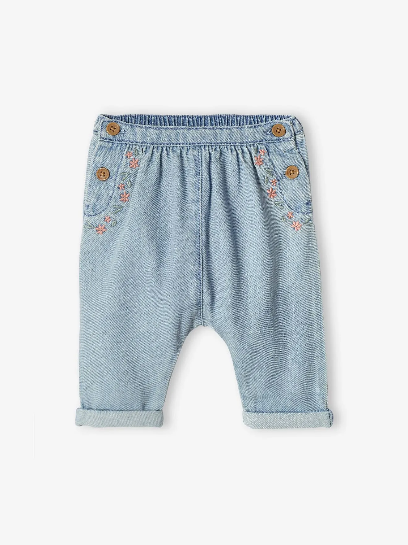 Sarouel brodé bébé en denim cappuccino - Vertbaudet