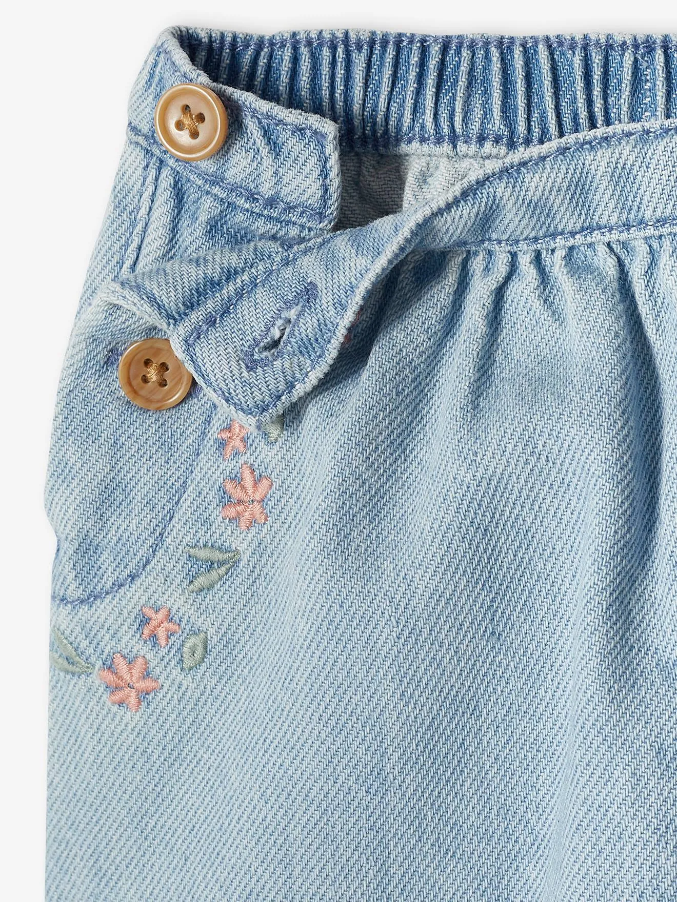 Sarouel brodé bébé en denim cappuccino - Vertbaudet