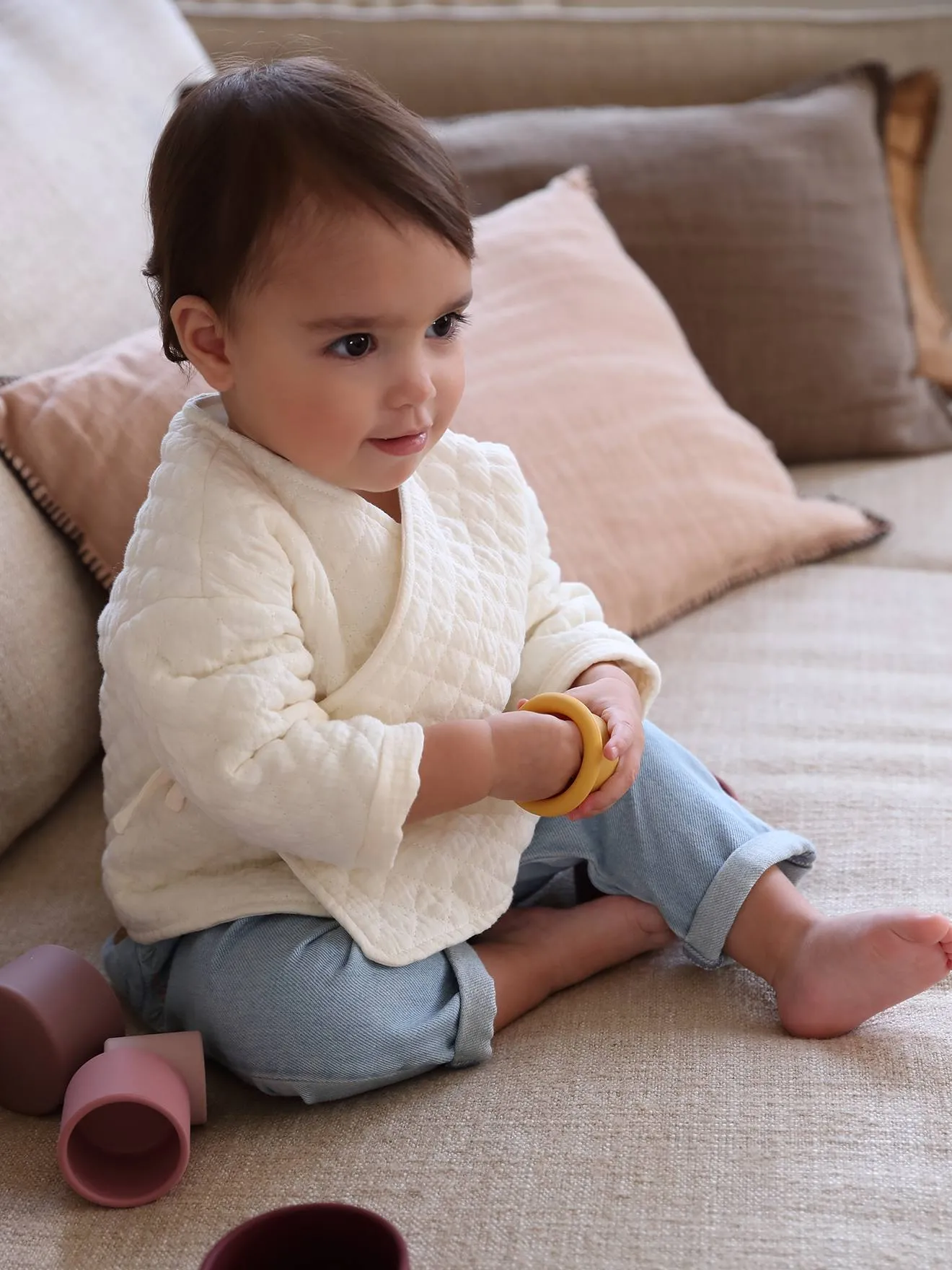 Sarouel brodé bébé en denim cappuccino - Vertbaudet