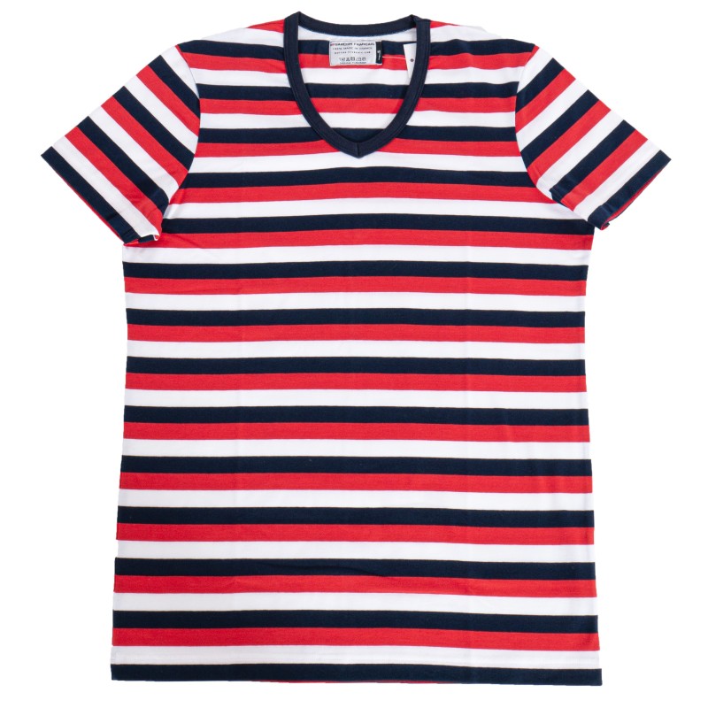 T-shirt V rayures tricolores - Garçon Français : vente T-shirt manc...
